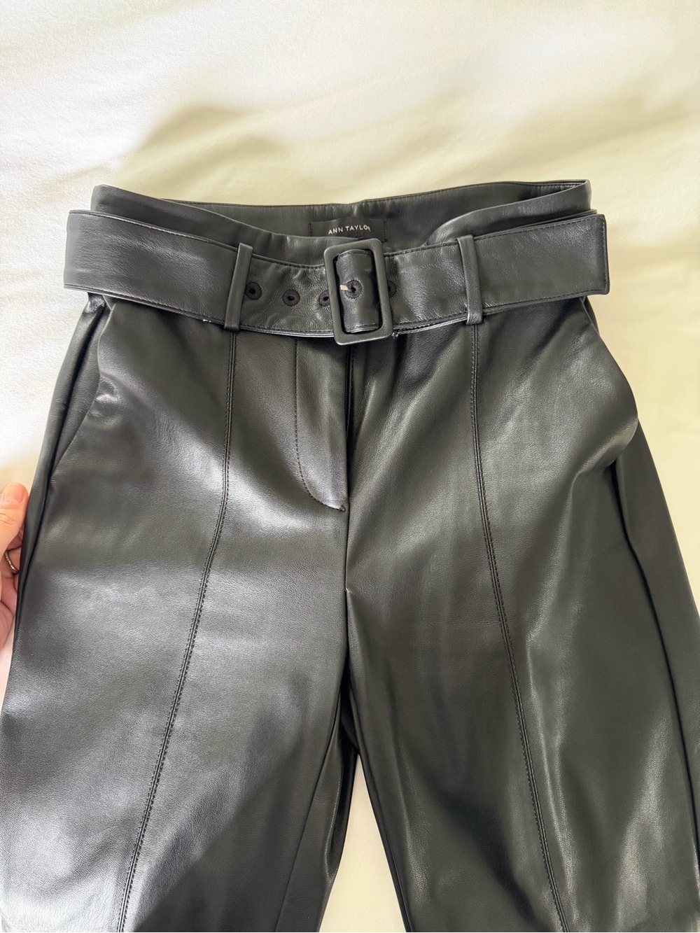 Ann Taylor Black Faux Leather High-Waist Belted Pants